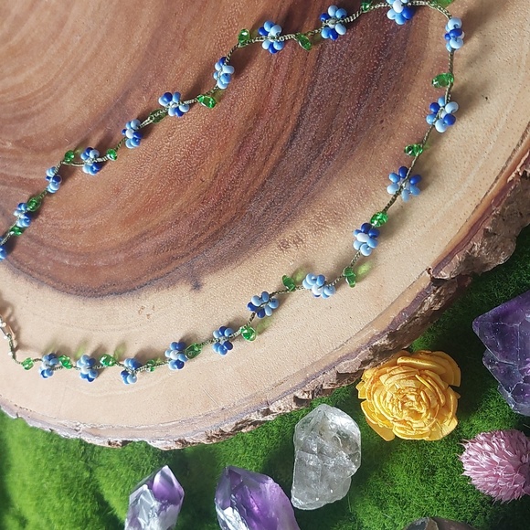Hand Crafted Jewelry - Hand Crafted Dainty Floral Necklace, Blues, 18 Inch, By Rust Belt Raised